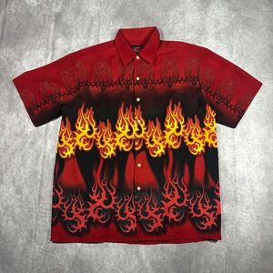 XG Mens Flame Tribal Graphic Button Up‎ Shirt Red Black Short Sleeve Size L Y2K
